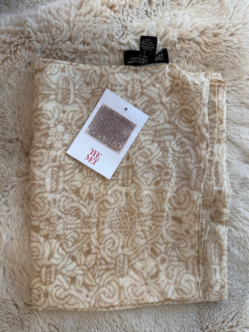 The Met British Floral Scarf 50% Wool 50% Cashmere Light Camel NWT